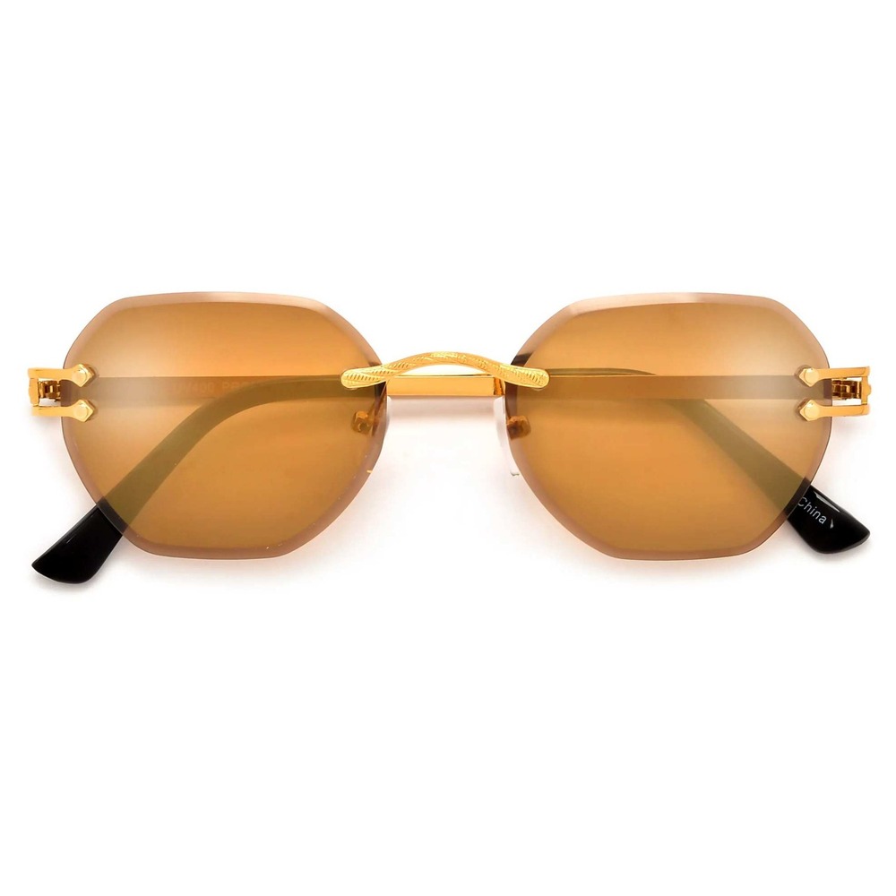 Rimless Sunglasses Octagon Gold Frame Gold Mirror  Lens Fashion Trendy Hip Hop‎
